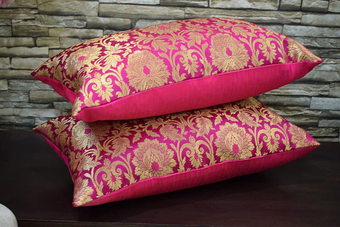 MUGHAL BANARASI Brocade Long Rectangular Cushion Covers (Bougainvillea Pink & Golden) - Image 2