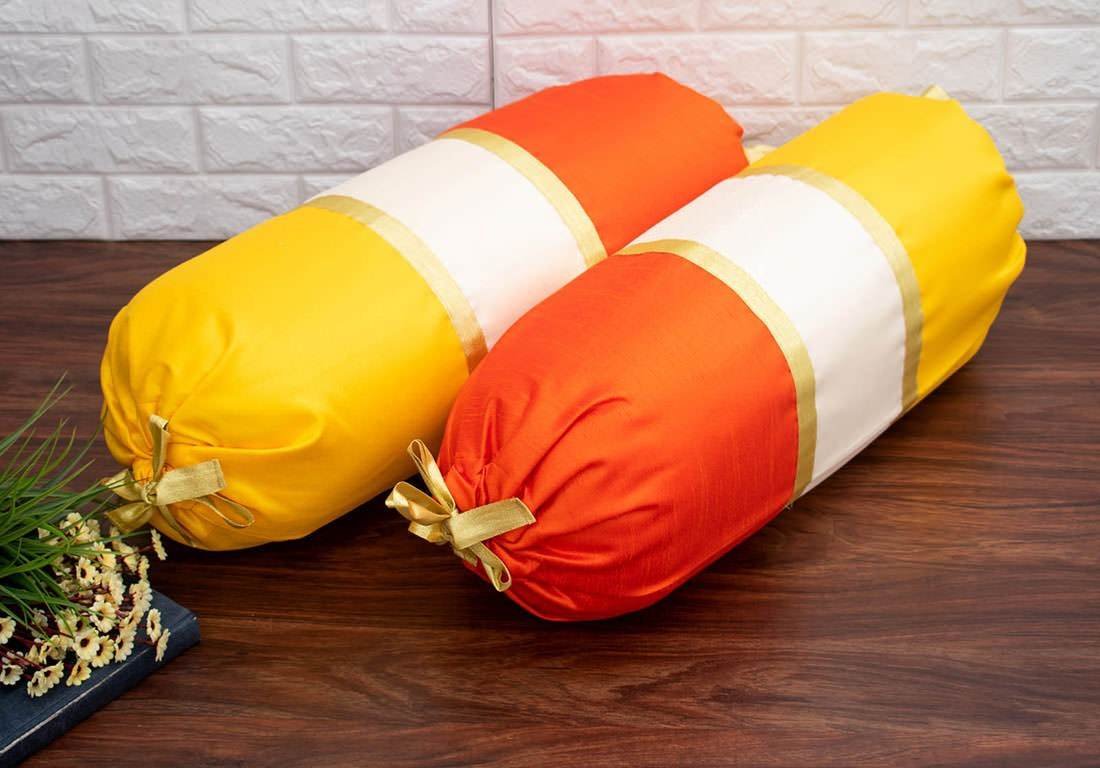 TRI Color Golden Zari Decorative Bolster Covers (Yellow, Ivory, Orange) - Image 2