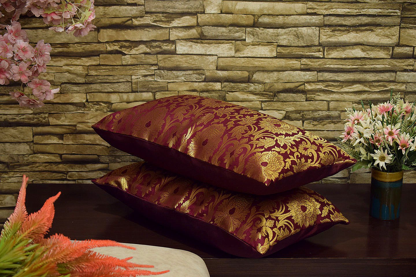 MUGHAL BANARASI Brocade Long Rectangular Cushion Covers (Wine & Golden) - Image 2