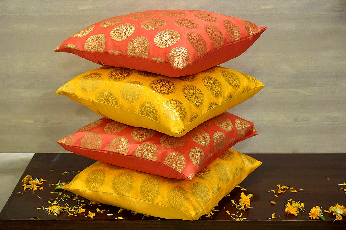 Mandala Brocade Silk Cushion Covers Combo (Peach & Yellow) - Image 2