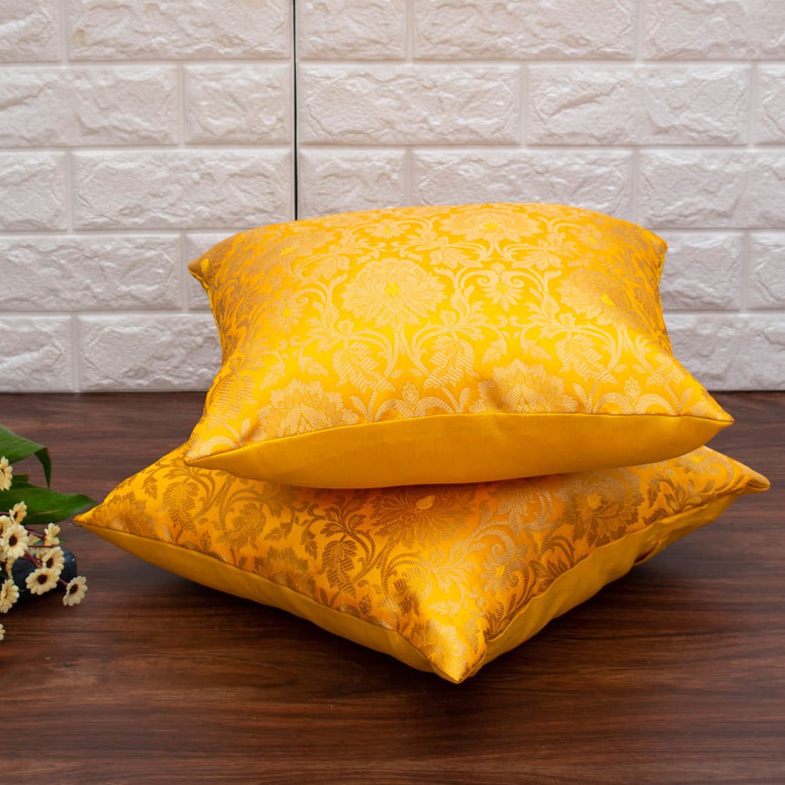MUGHAL BANARASI Brocade Cushion Covers (Yellow & Golden) - Image 2