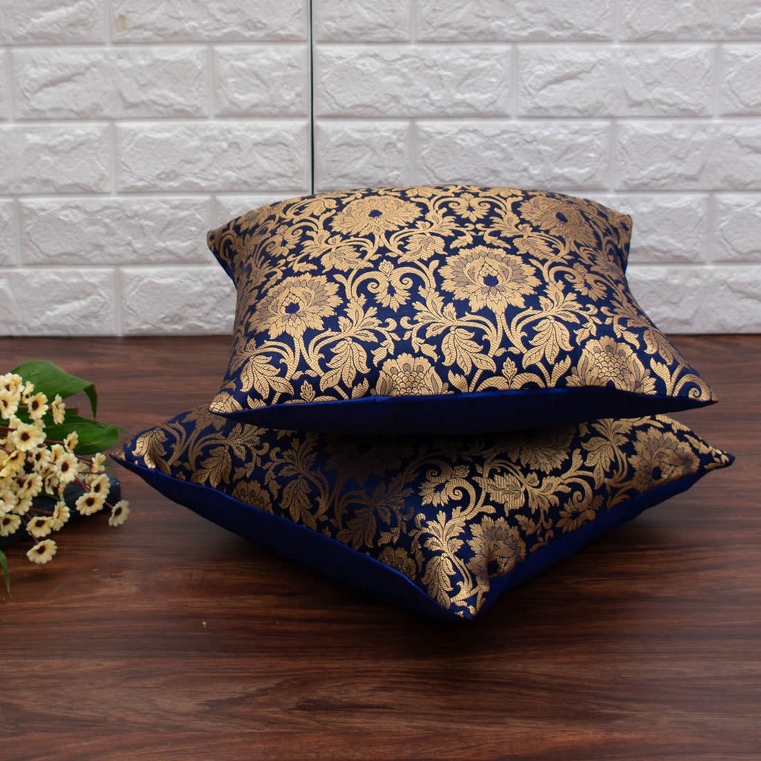 MUGHAL BANARASI Brocade Cushion Covers (Navy Blue & Golden) - Image 2