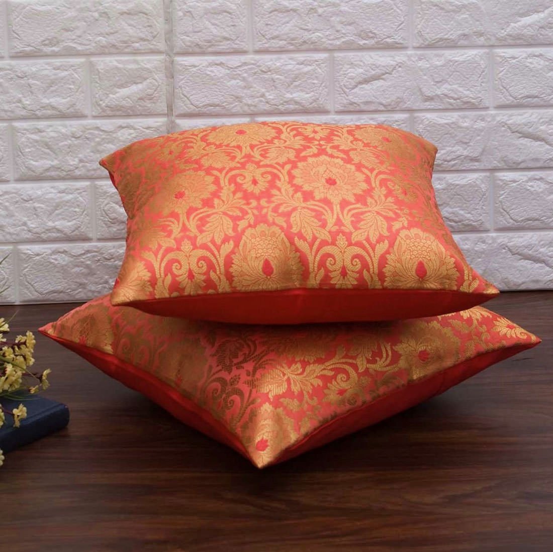 MUGHAL BANARASI Brocade Cushion Covers (Living Coral & Golden) - Image 2