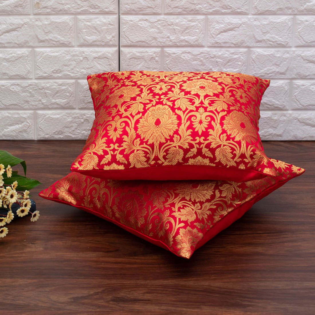 MUGHAL BANARASI Brocade Cushion Covers (Red & Golden) - Image 2