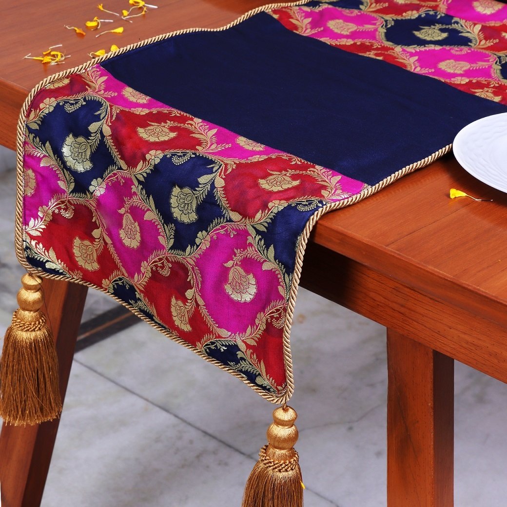 Khin-Khwabeeda Designer Brocade Table Runner (Rust, Blue, Pink) - Image 2