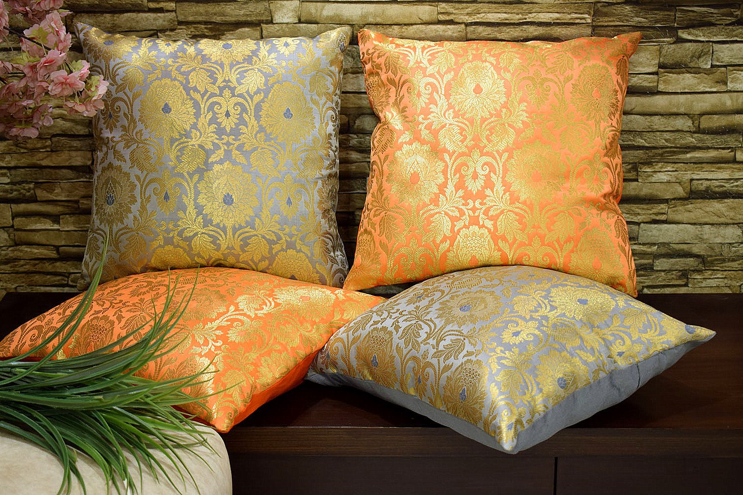 MUGHAL BANARASI Brocade Cushion Covers Combo (Orange & Grey) - Image 3