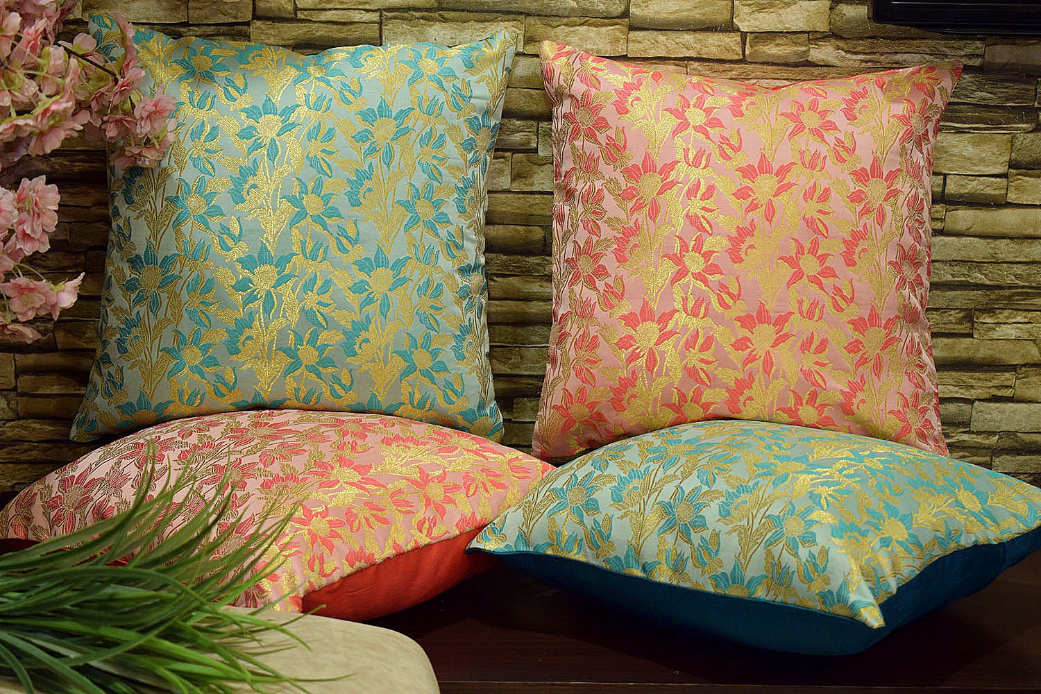 Bageecha Floral Brocade Silk Cushion Covers Combo (Coral & Sea Green) - Image 3