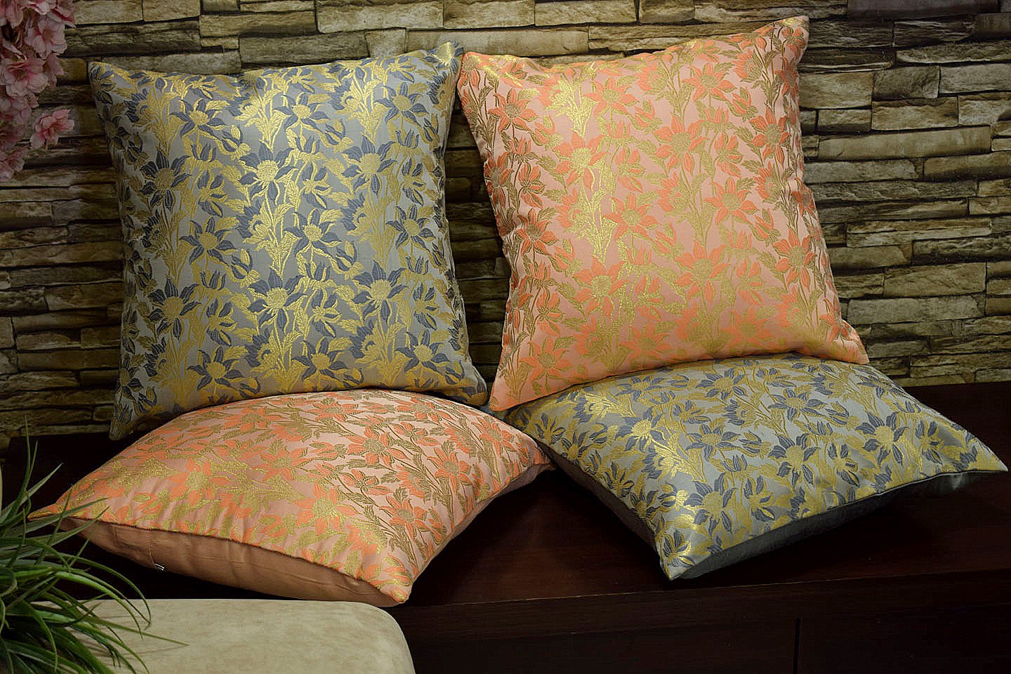 Bageecha Floral Brocade Silk Cushion Covers Combo (Peach & Grey) - Image 3