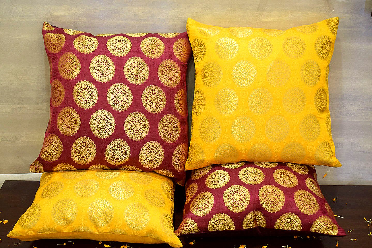 Mandala Brocade Silk Cushion Covers Combo (Maroon & Yellow) - Image 3