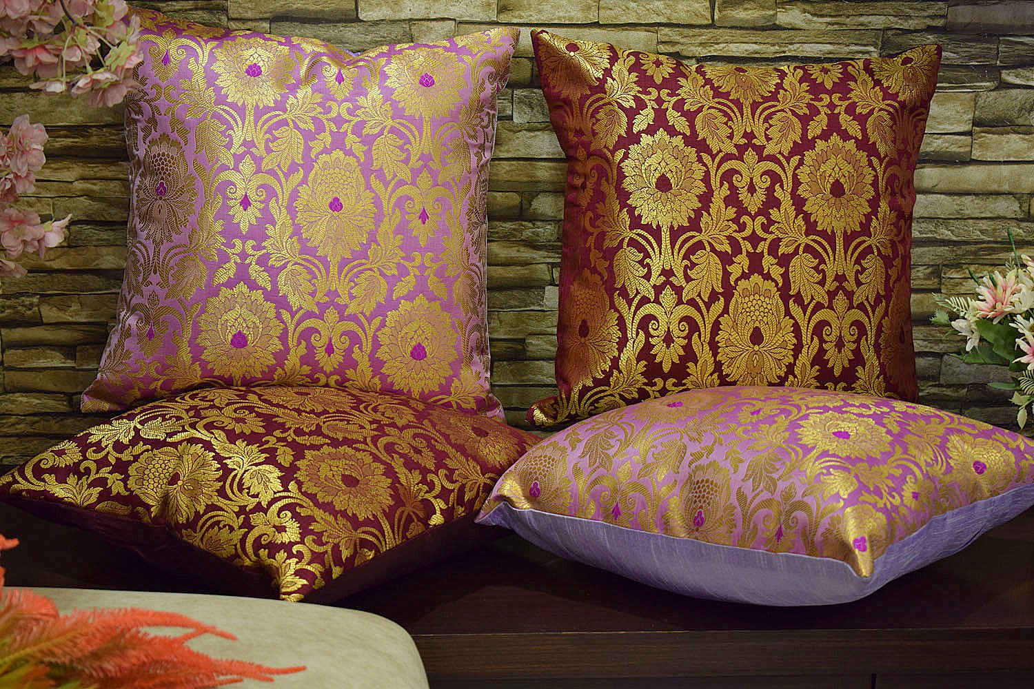 MUGHAL BANARASI Brocade Cushion Covers Combo (Lavender & Wine) - Image 3
