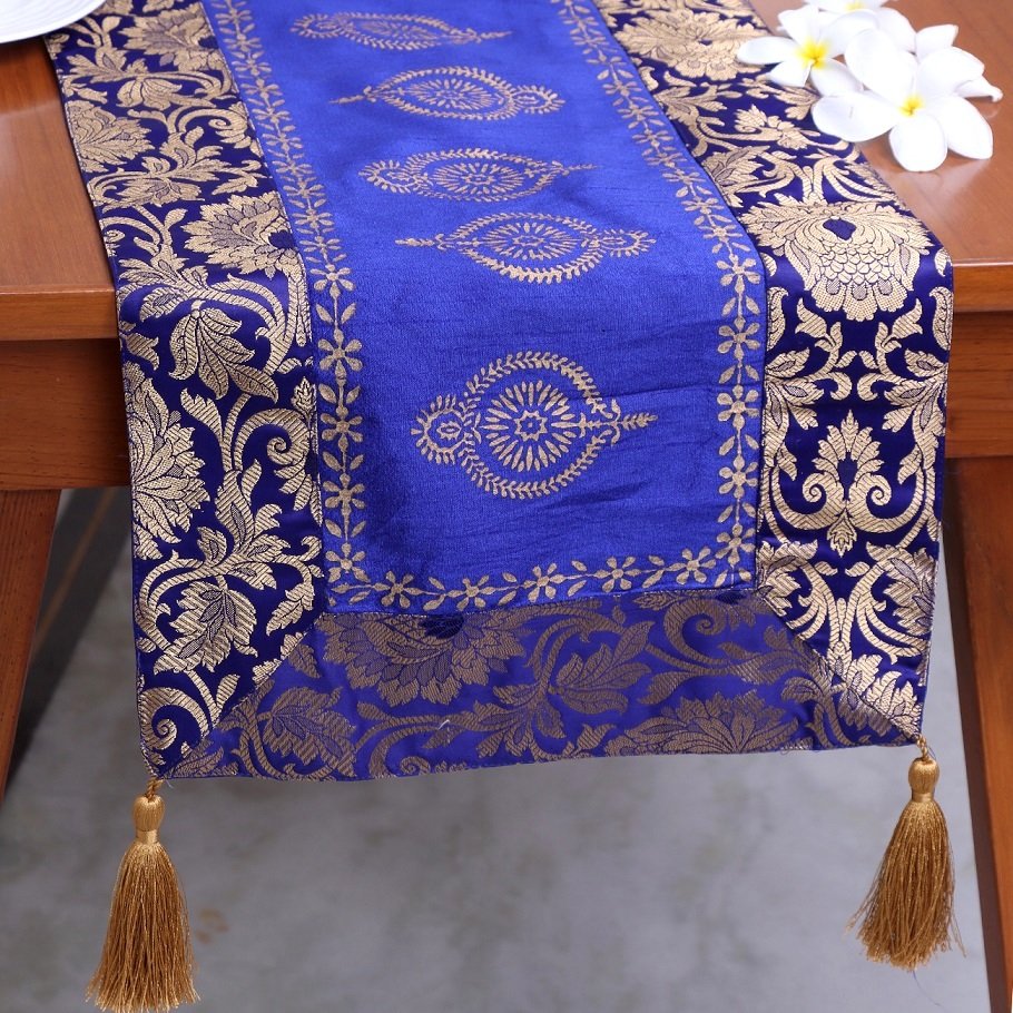 Mughal Banarasi Gardish Block Printed Table Runner - Blue - Image 3
