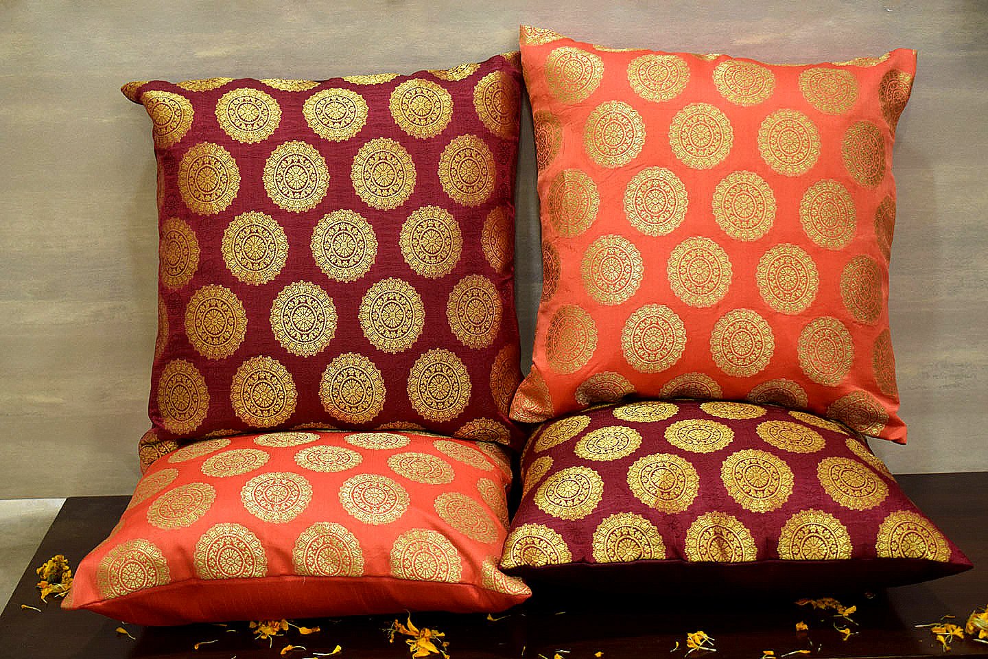 Mandala Brocade Silk Cushion Covers Combo (Peach & Maroon) - Image 3
