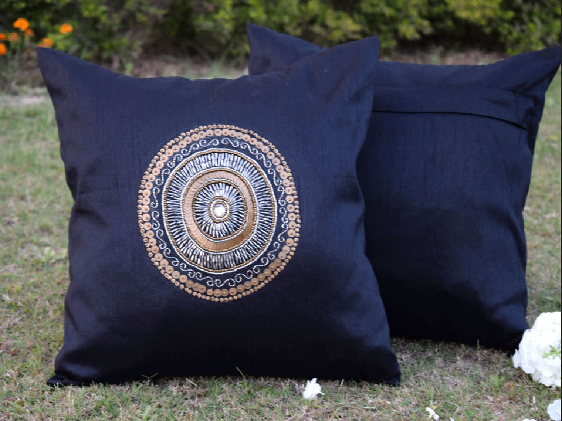 Hand Embroidered Circlet Designer Black Ethnic Cushion Covers - Image 3