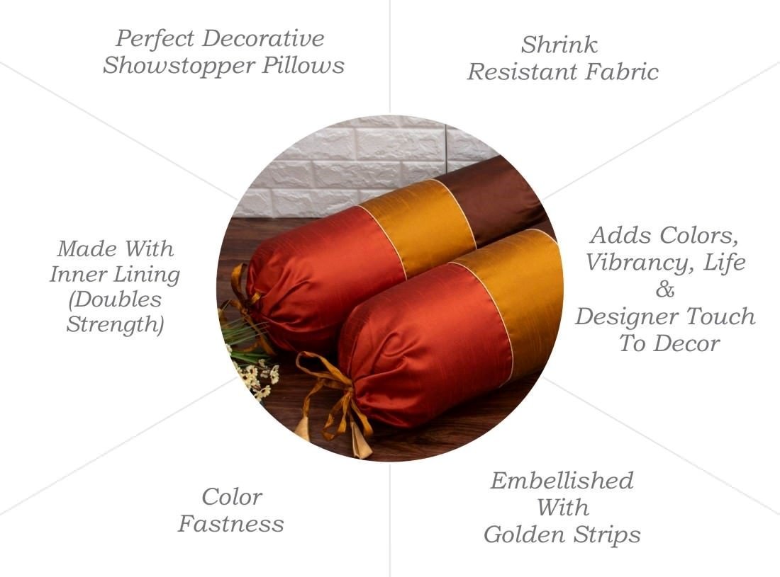 TRI Color Golden Zari Decorative Bolster Covers (Red Brown, Golden Rust, Dark Brown ) - Image 6