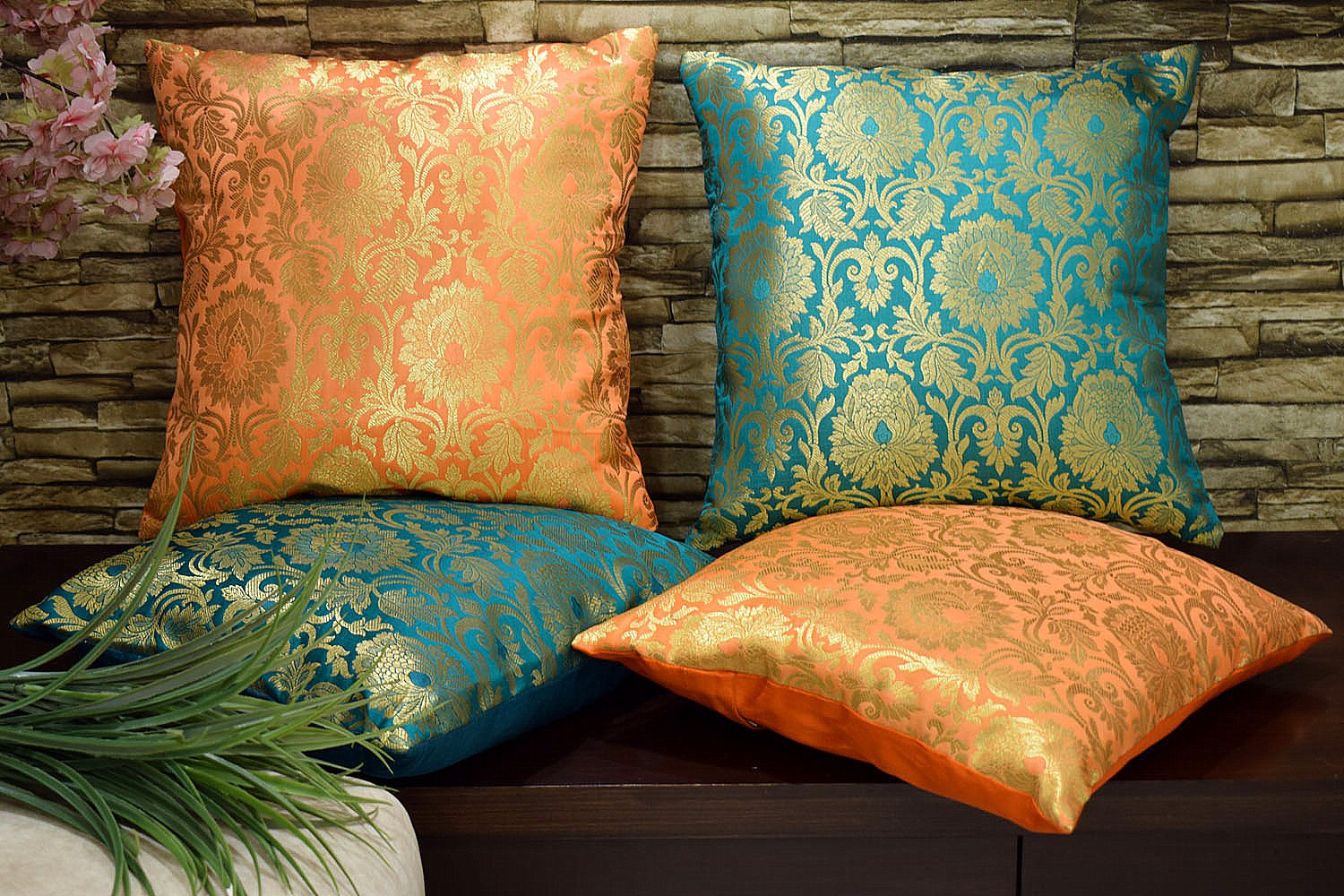 MUGHAL BANARASI Brocade Cushion Covers Combo (Green & Orange) - Image 3