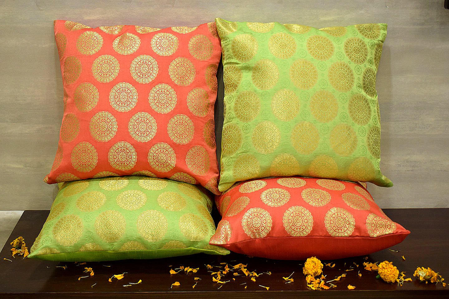 Mandala Brocade Silk Cushion Covers Combo (Peach & Green) - Image 3