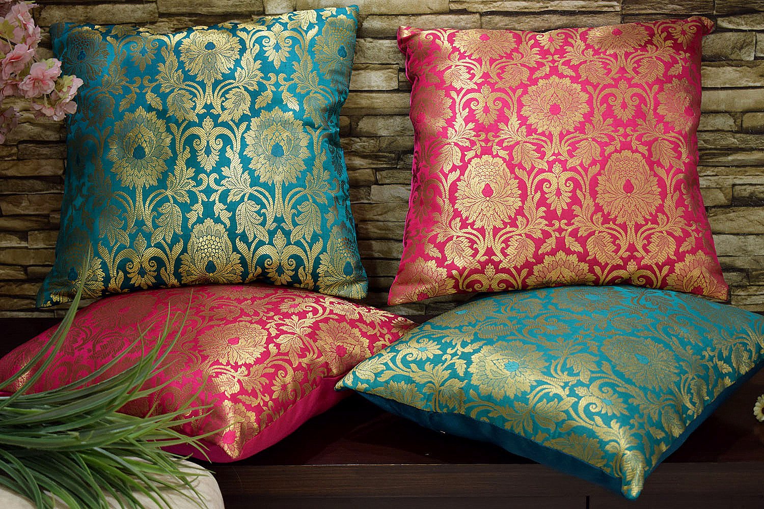 MUGHAL BANARASI Brocade Cushion Covers Combo (Green & Bougainvillea Pink) - Image 3