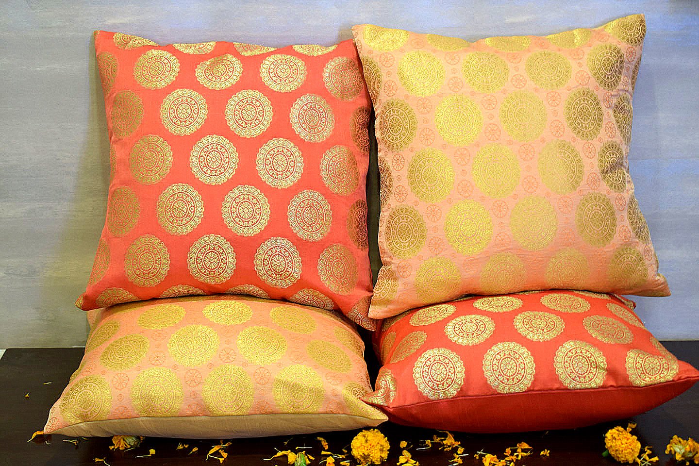 Mandala Brocade Silk Cushion Covers Combo (Peach & Coral) - Image 3