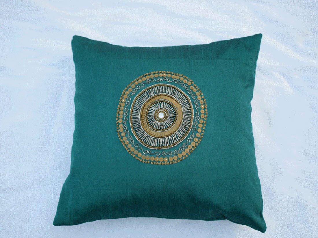Hand Embroidered Circlet Designer Peacock Green Ethnic Cushion Covers - Image 3