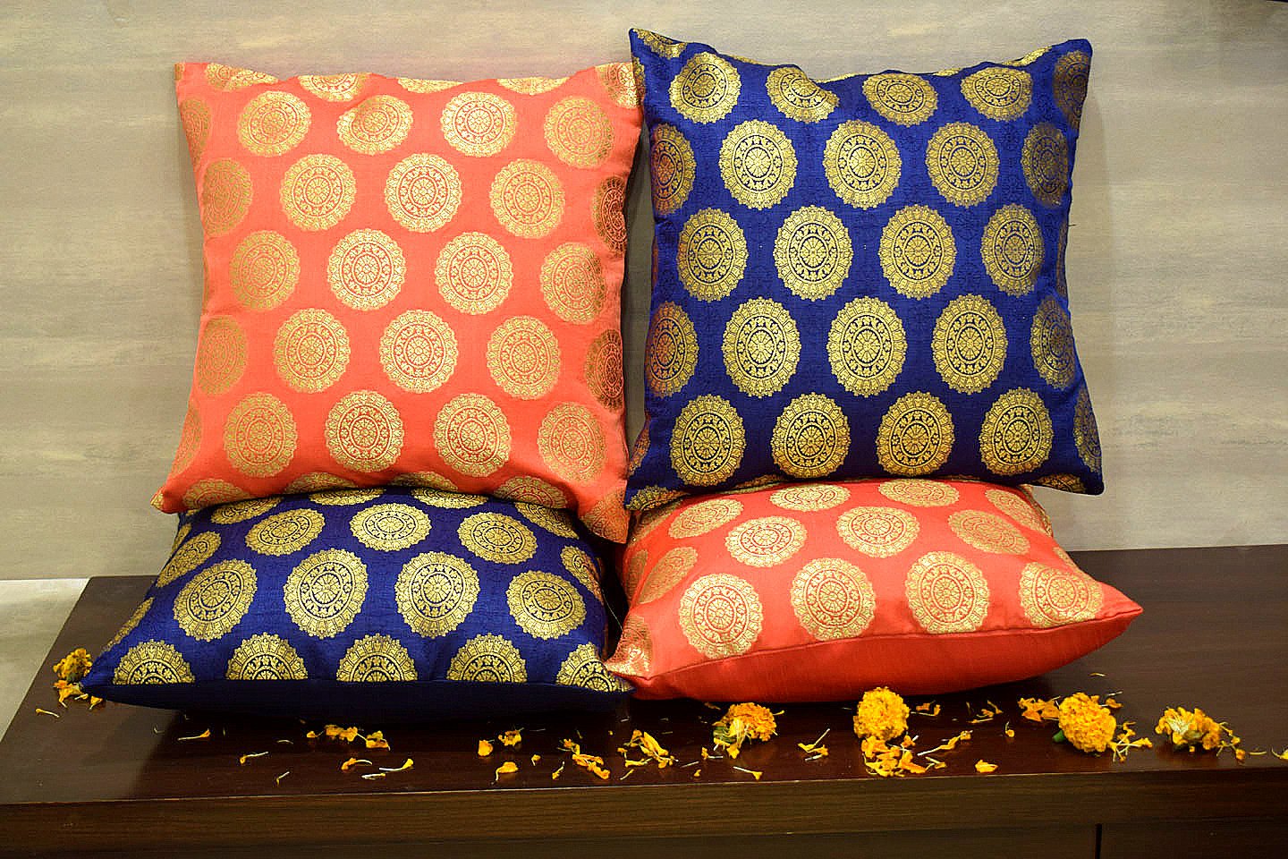 Mandala Brocade Silk Cushion Covers Combo (Peach & Blue) - Image 4