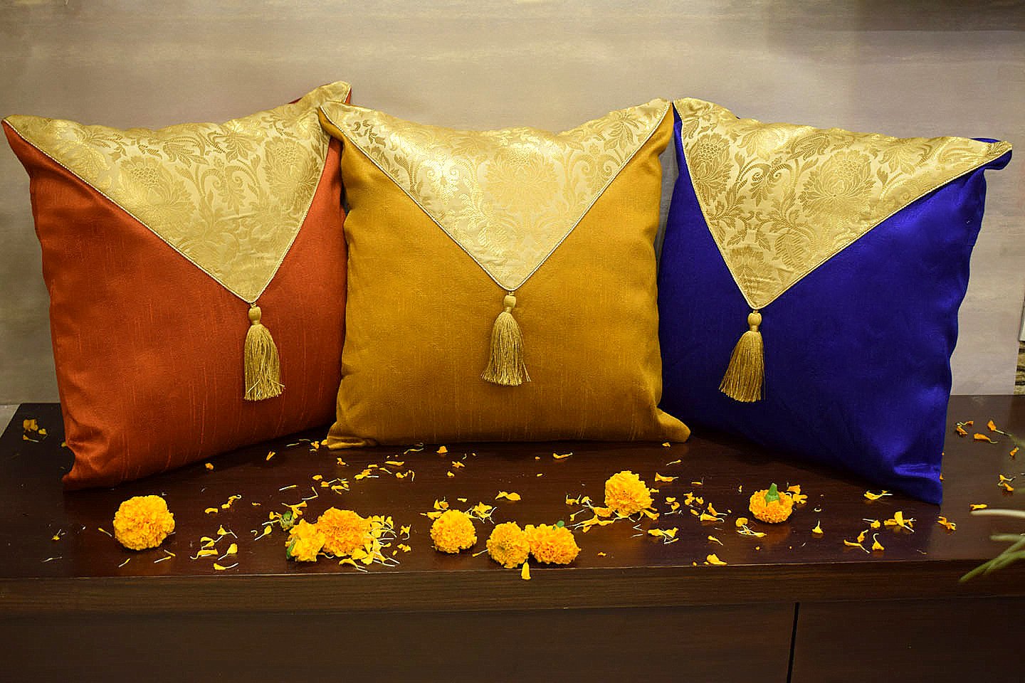 Mehrang Cushion Covers Combo ( Blue, Rustic Golden, Red Brown) - Image 3