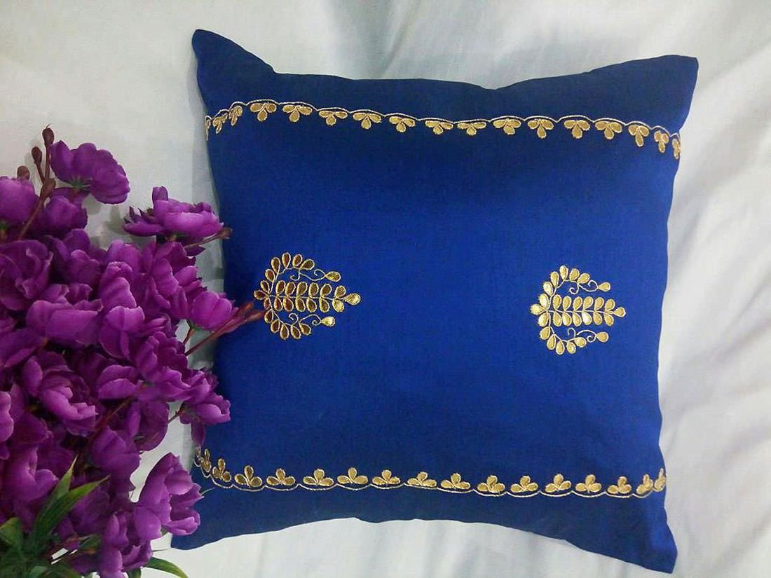 Hand Embroidered Gotta Patti Ethnic Blue Cushion Covers - Image 3