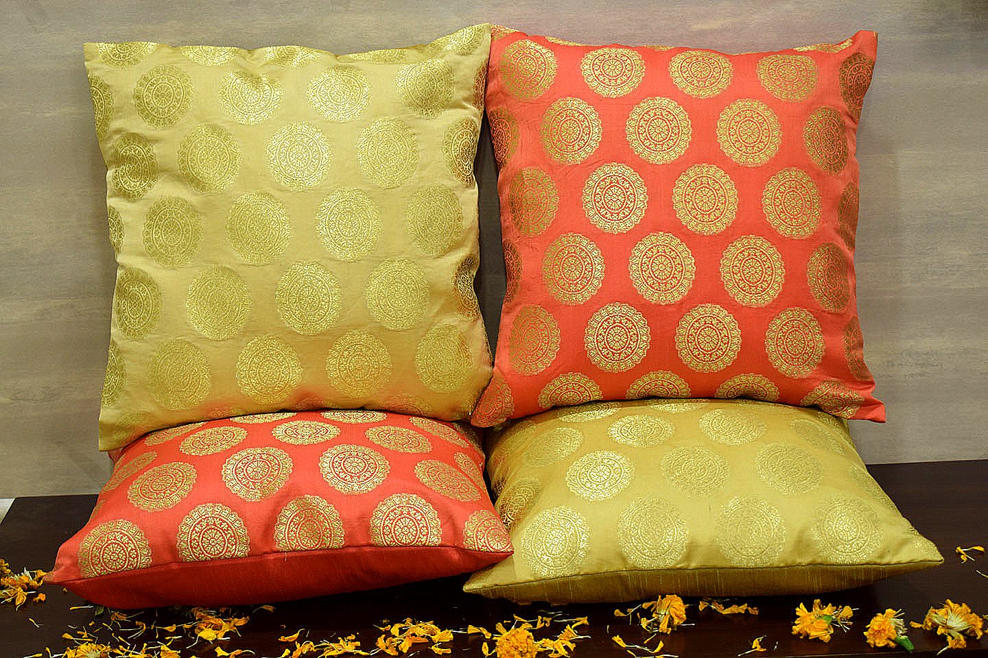 Mandala Brocade Silk Cushion Covers Combo (Peach & Beige) - Image 3