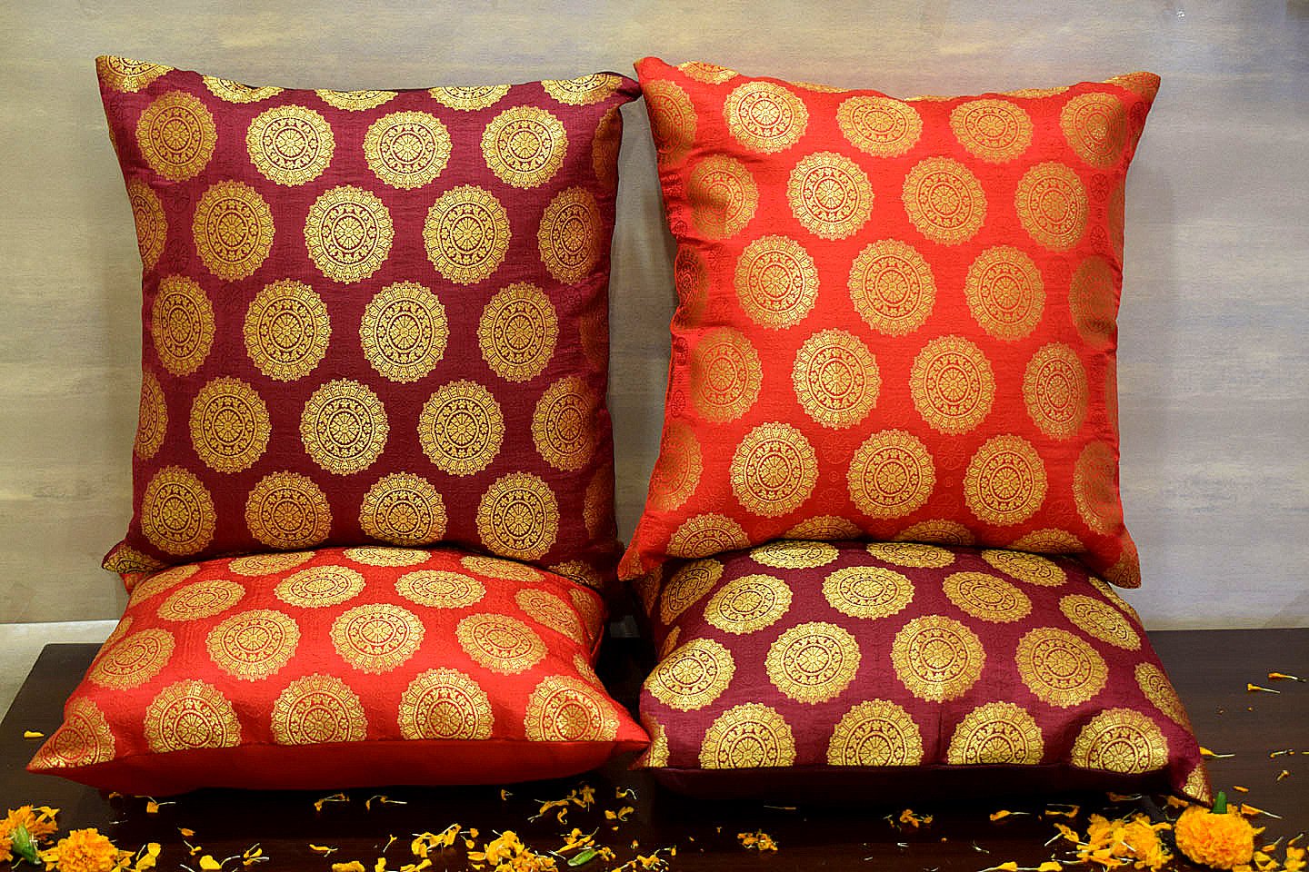 Mandala Brocade Silk Cushion Covers Combo (Red & Maroon) - Image 3