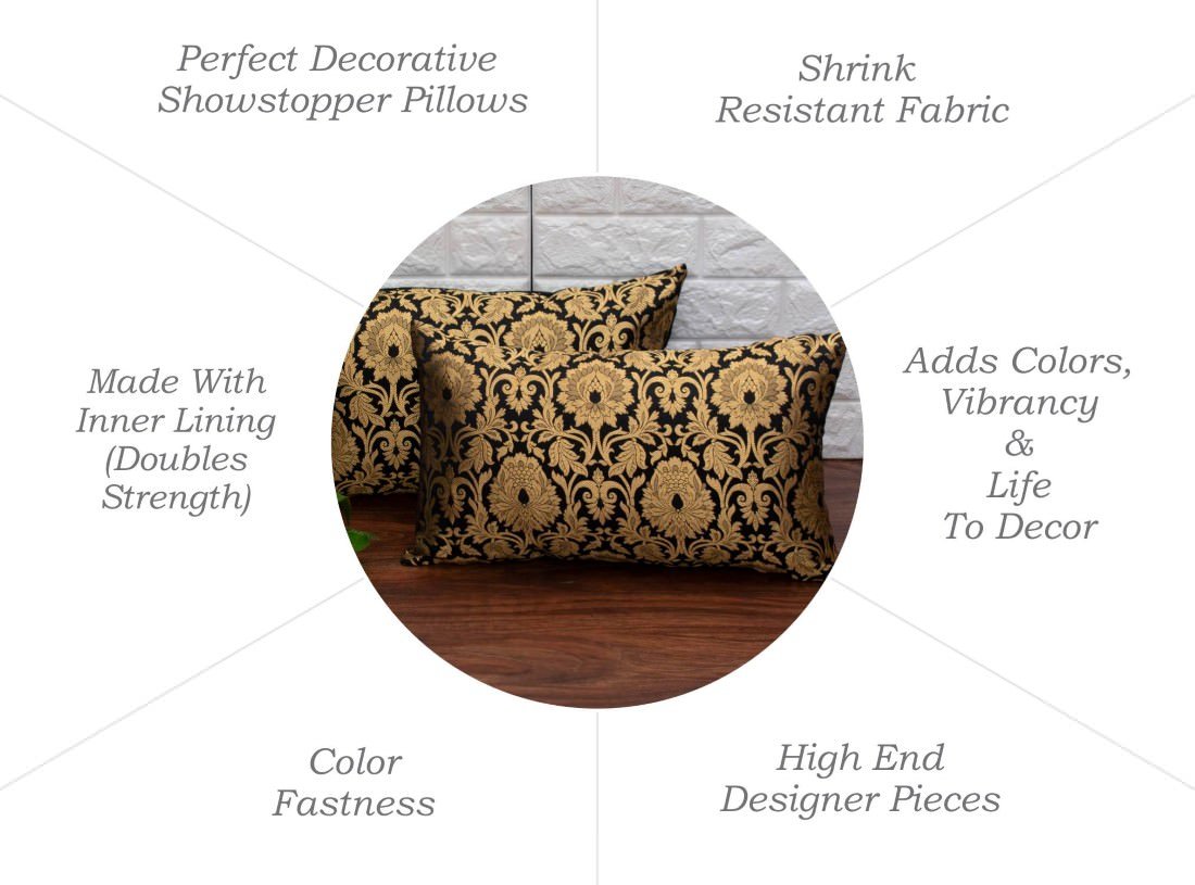 MUGHAL BANARASI Brocade Long Rectangular Cushion Covers (Black & Golden) - Image 7