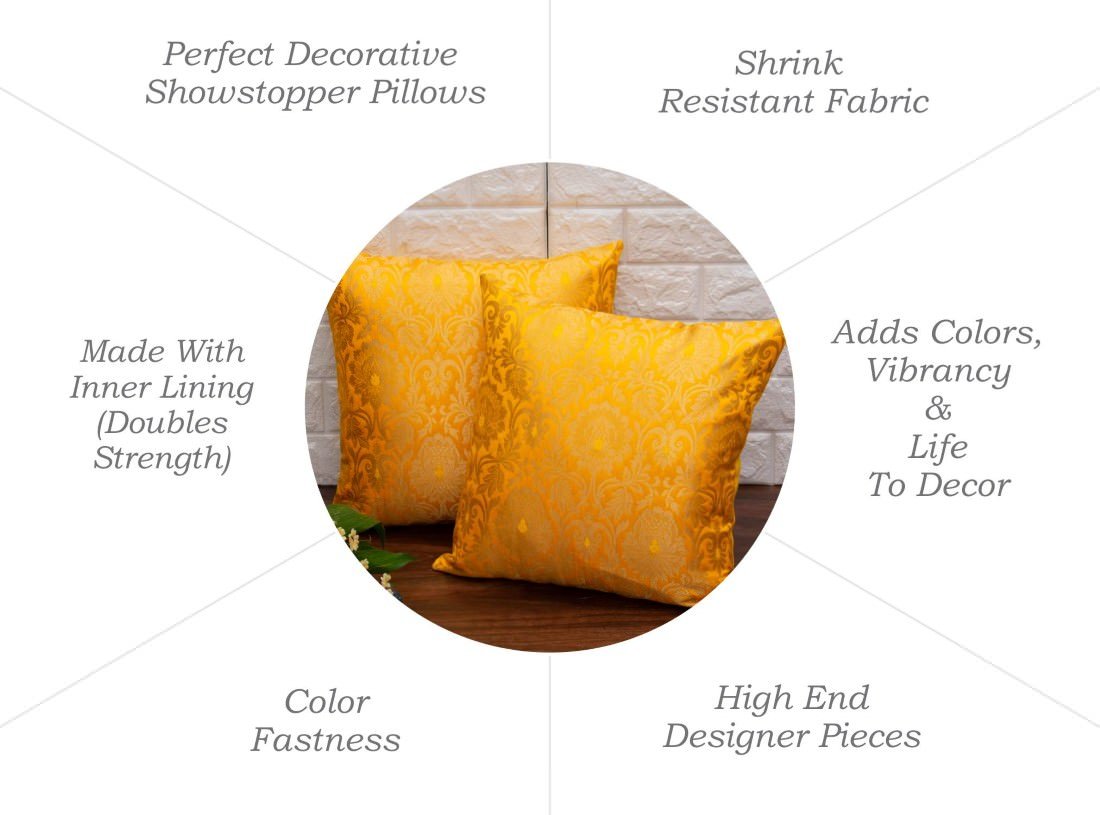 MUGHAL BANARASI Brocade Cushion Covers (Yellow & Golden) - Image 7