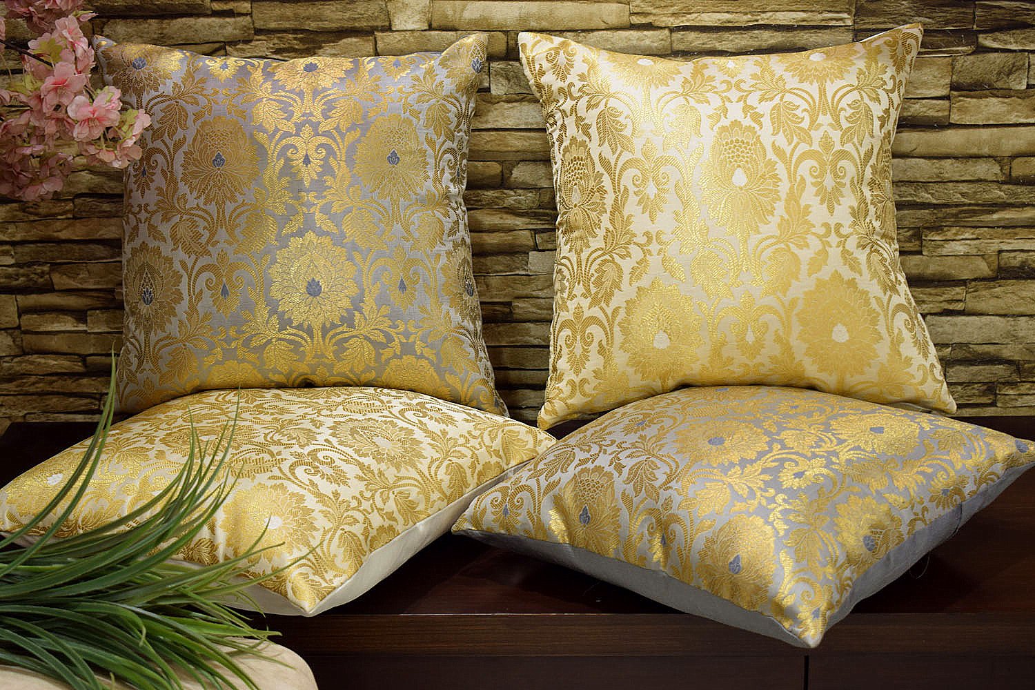 MUGHAL BANARASI Brocade Cushion Covers Combo (Grey & White) - Image 3