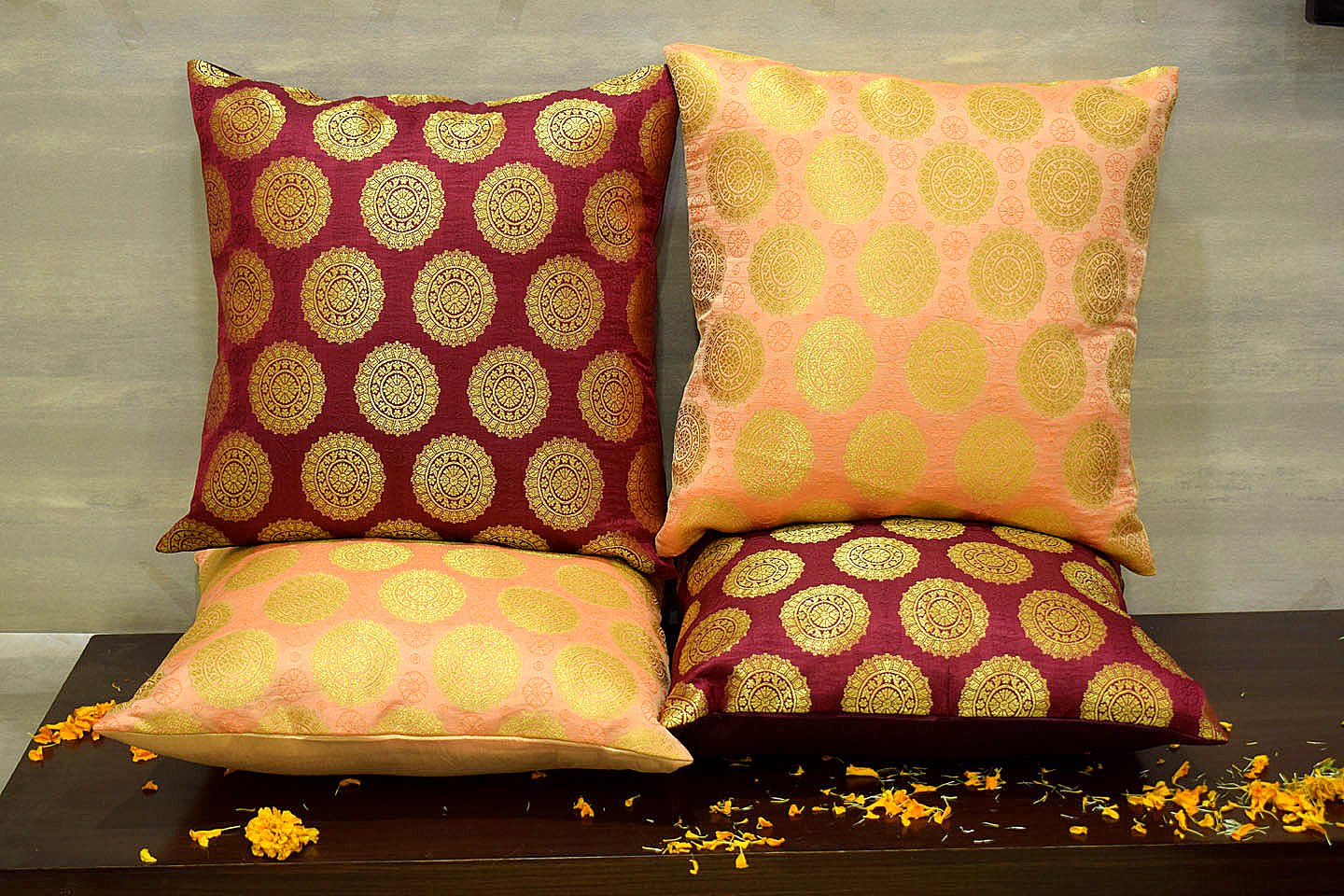 Mandala Brocade Silk Cushion Covers Combo (Coral & Maroon) - Image 3