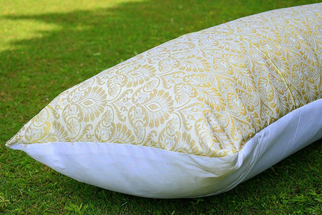 Extra Long Irish Ivory & Golden Brocade Mughal Classic Design Pillow Cover With Filler - Image 3