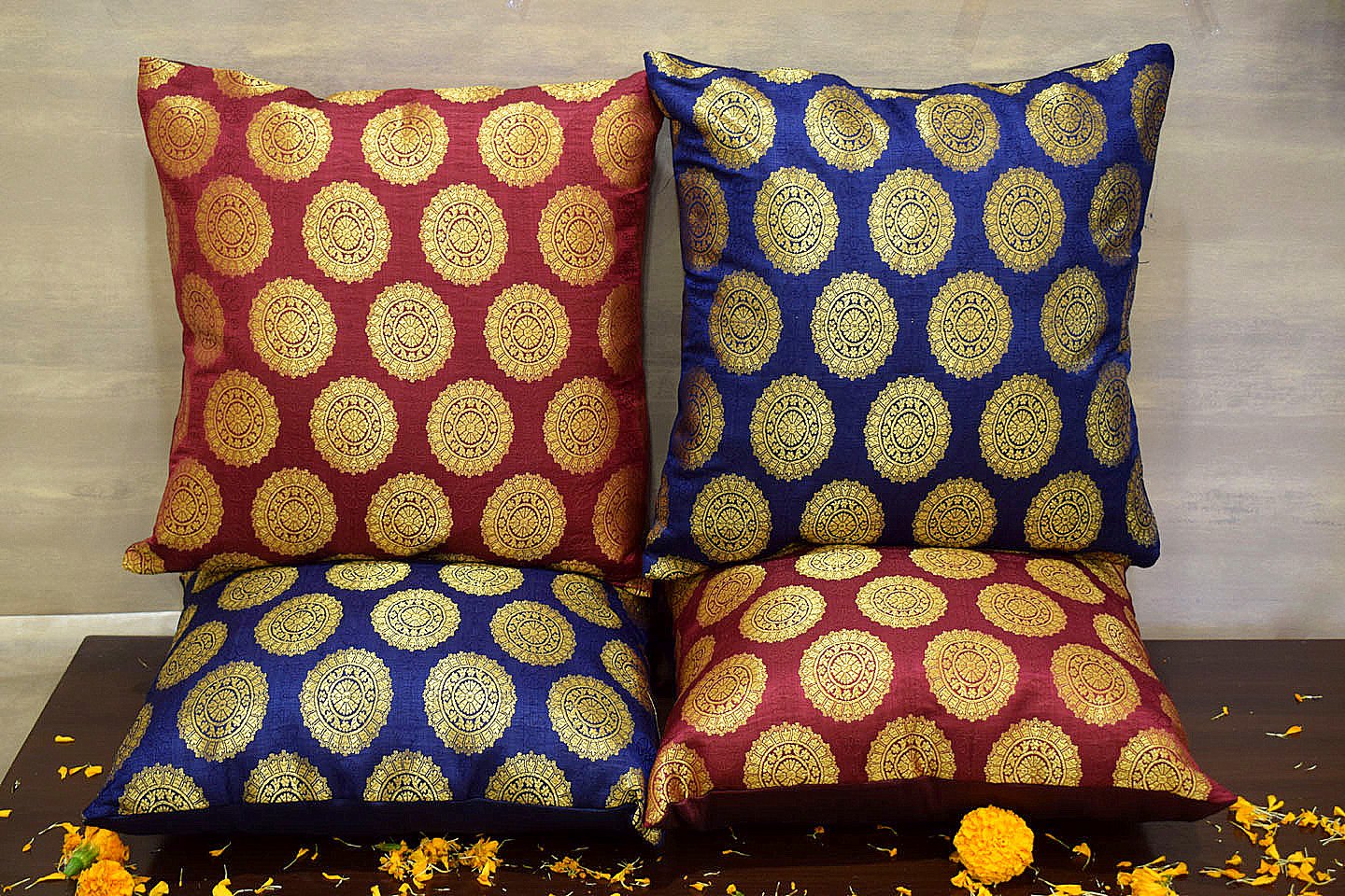 Mandala Brocade Silk Cushion Covers Combo (Blue & Maroon) - Image 3