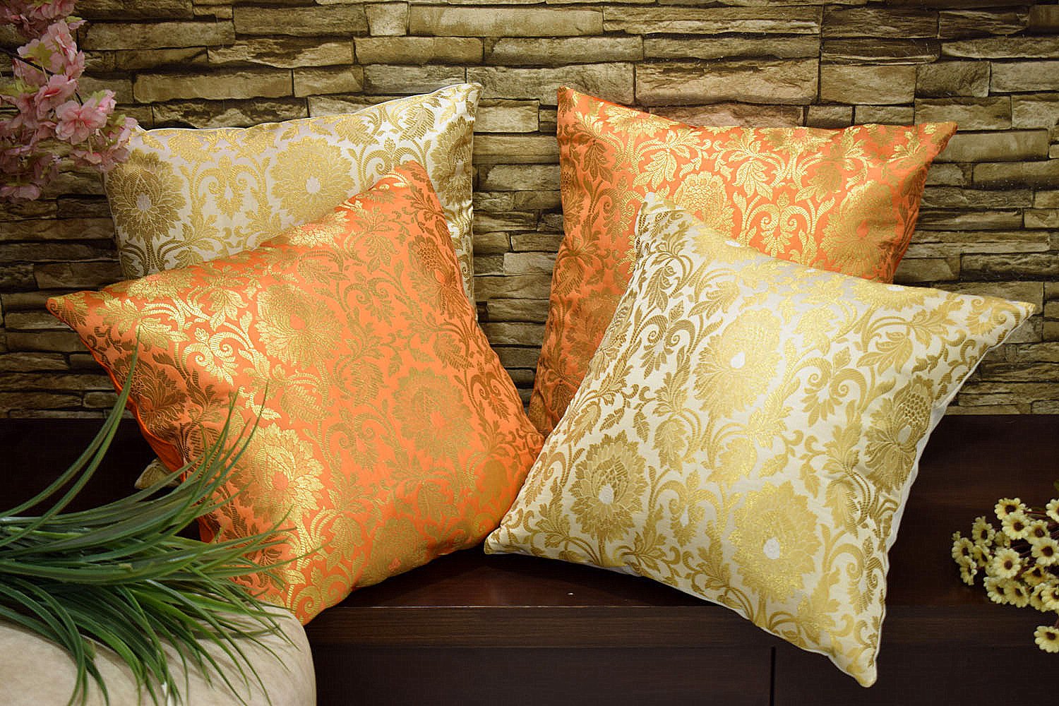 MUGHAL BANARASI Brocade Cushion Covers Combo (Orange & White) - Image 3