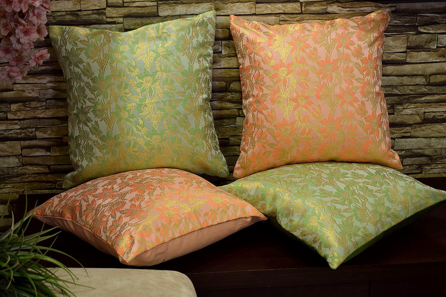 Bageecha Floral Brocade Silk Cushion Covers Combo (Peach & Sage Green) - Image 3