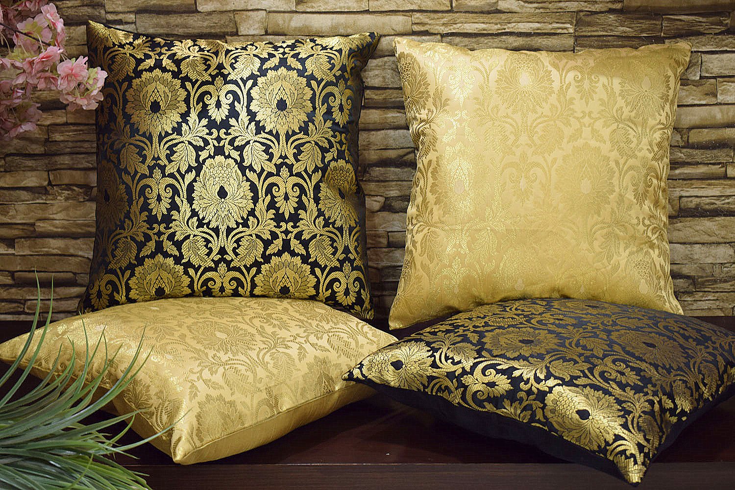MUGHAL BANARASI Brocade Cushion Covers Combo (MariGold & Black) - Image 3