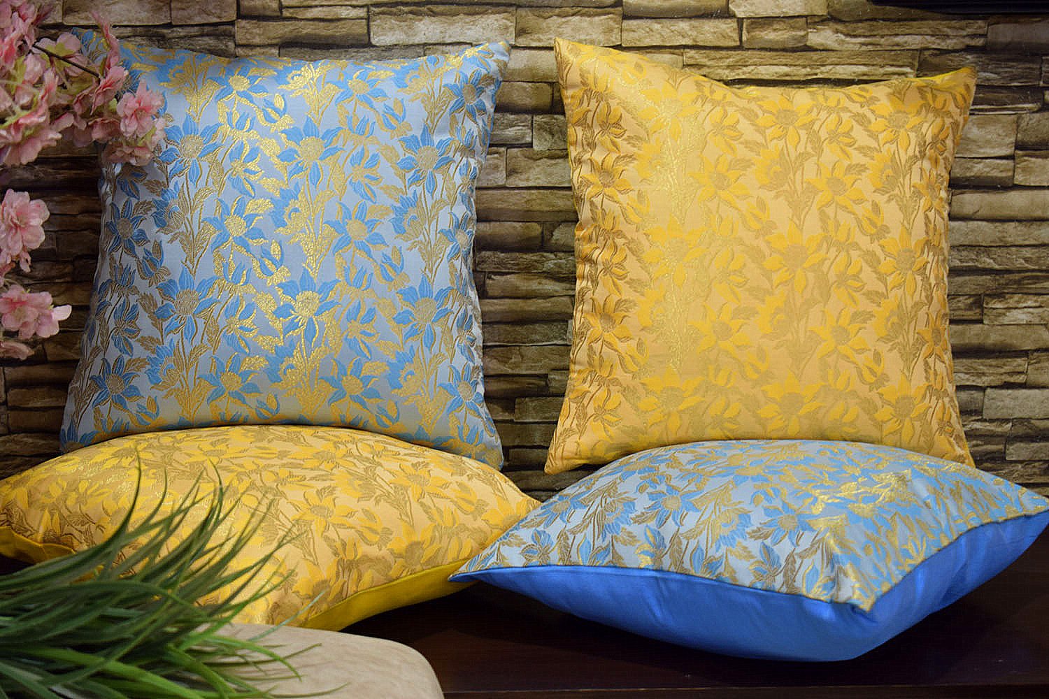 Bageecha Floral Brocade Silk Cushion Covers Combo (Sky Blue & Yellow) - Image 3
