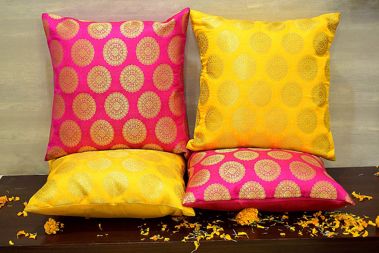 Mandala Brocade Silk Cushion Covers Combo (Yellow & Magenta) - Image 3