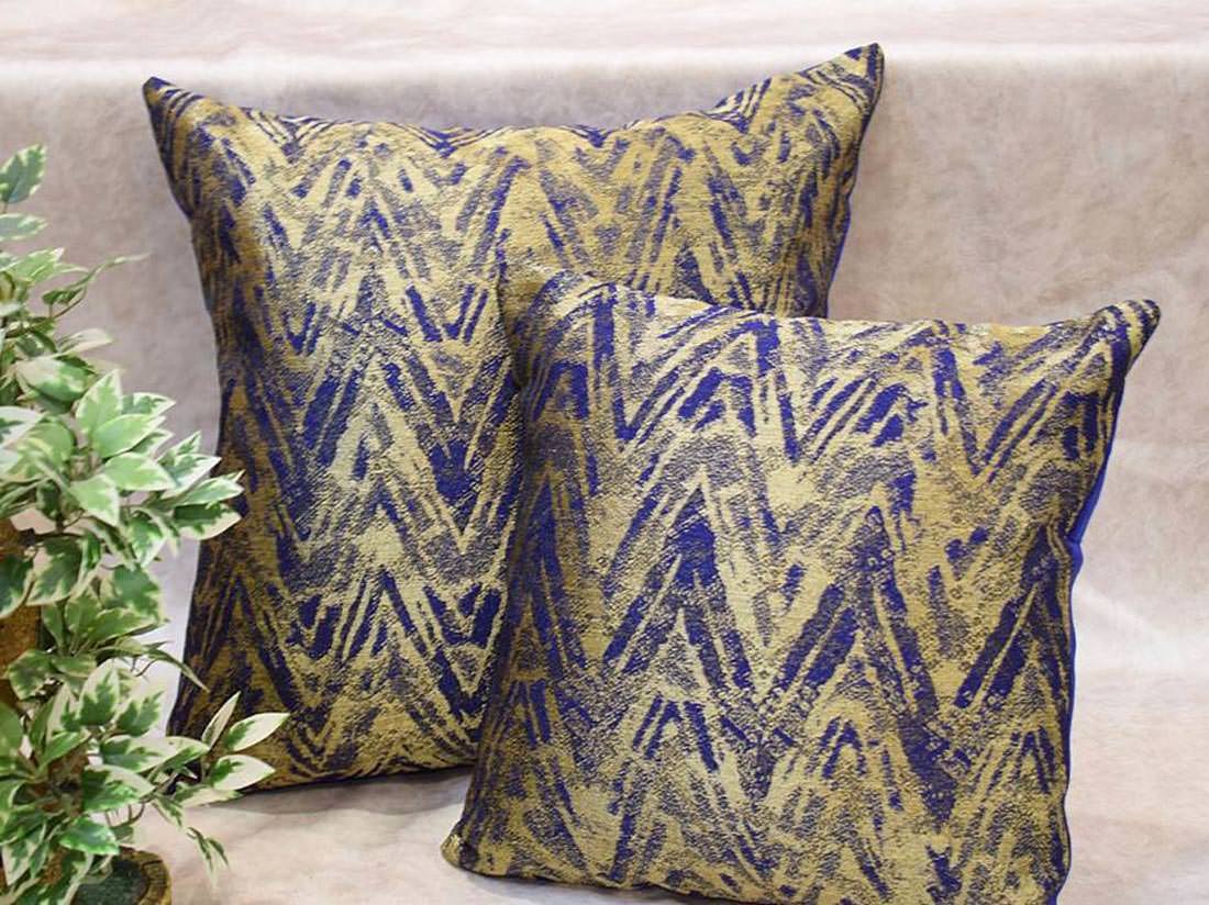 Premium Quality Berry Blue & Golden Work Contemporary Zig Zag Design Cushion Covers - Image 3