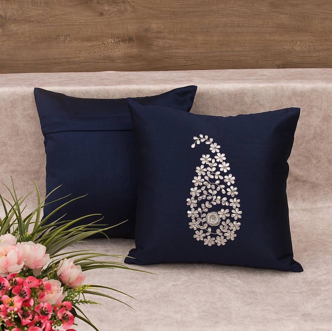 Navy Blue & Sliver Paisley Gota Patti Hand Embroidery - Image 3