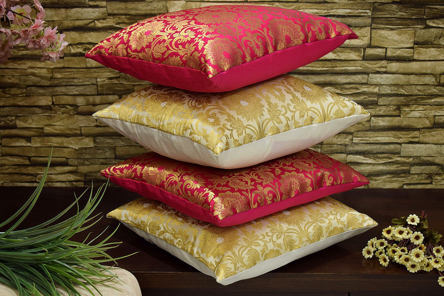 MUGHAL BANARASI Brocade Cushion Covers Combo (Bougainvillea Pink & White) - Image 2