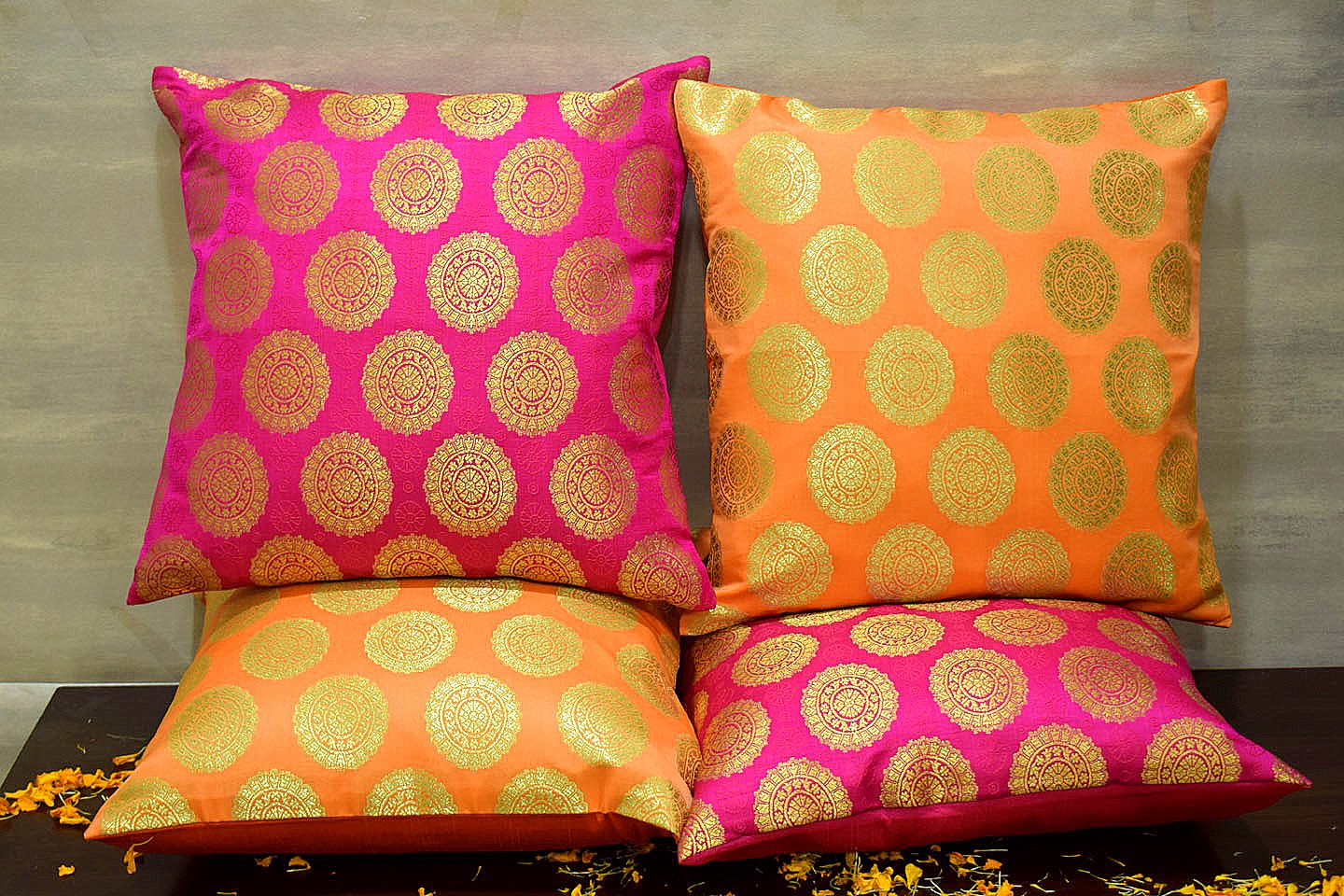 Mandala Brocade Silk Cushion Covers Combo (Orange & Magenta) - Image 3