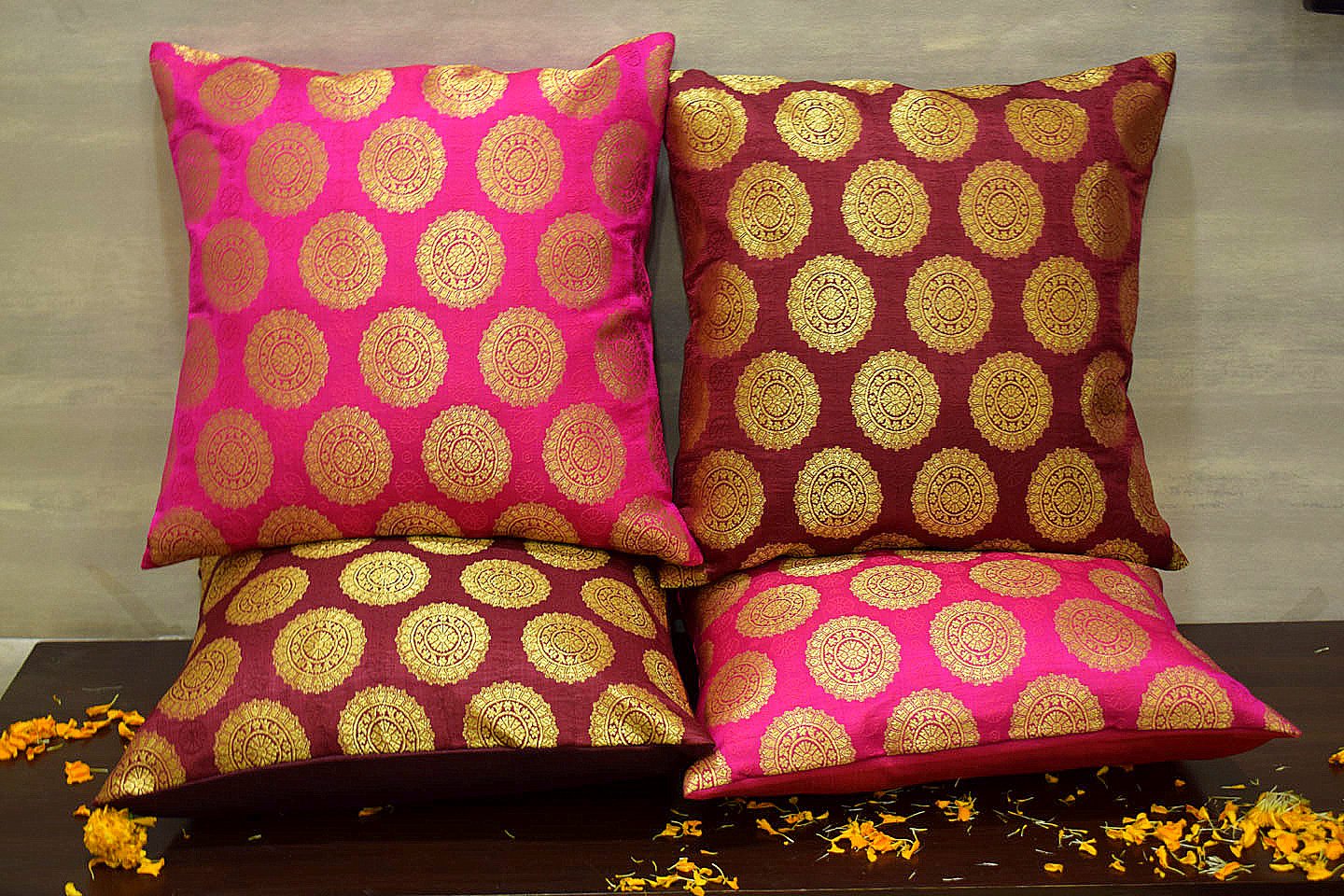 Mandala Brocade Silk Cushion Covers Combo (Maroon & Magenta) - Image 3