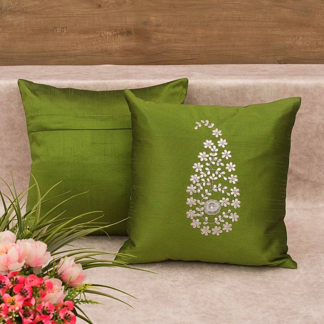 Olive Green & Silver Paisley Gota Patti Hand Embroidery - Image 3