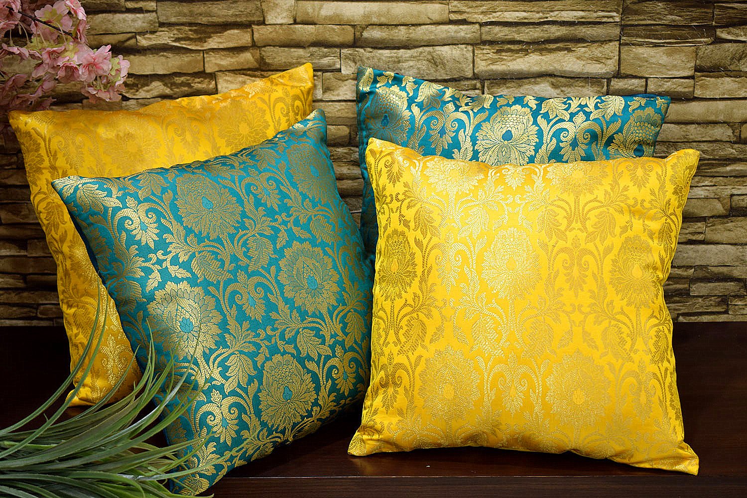 MUGHAL BANARASI Brocade Cushion Covers Combo (Yellow & Green) - Image 3