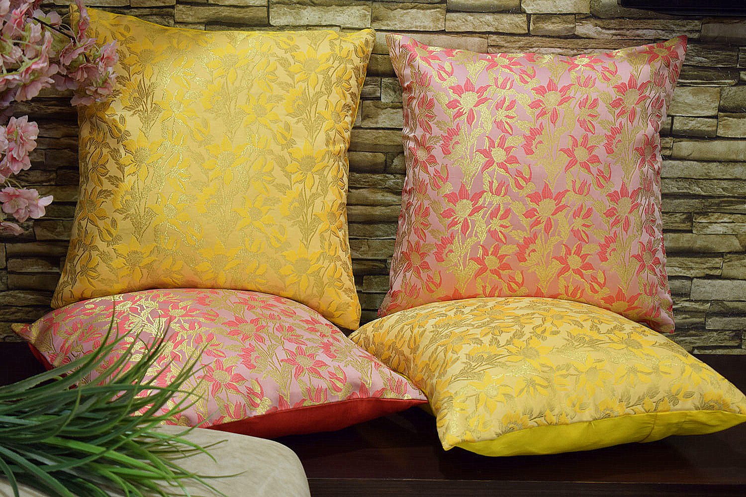 Bageecha Floral Brocade Silk Cushion Covers Combo (Yellow & Coral) - Image 3