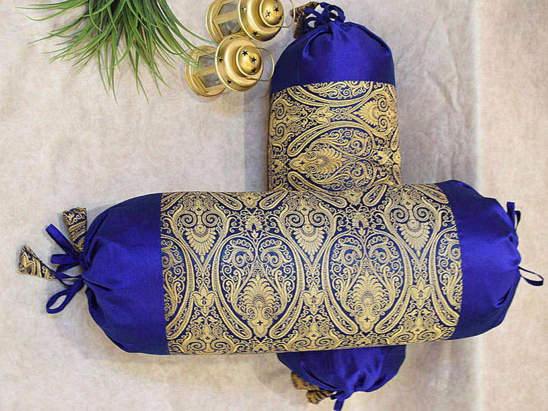 Classic Jamawar Blue Bolster Covers - Image 3