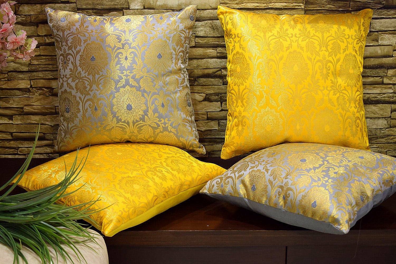 MUGHAL BANARASI Brocade Cushion Covers Combo (Yellow & Grey) - Image 3