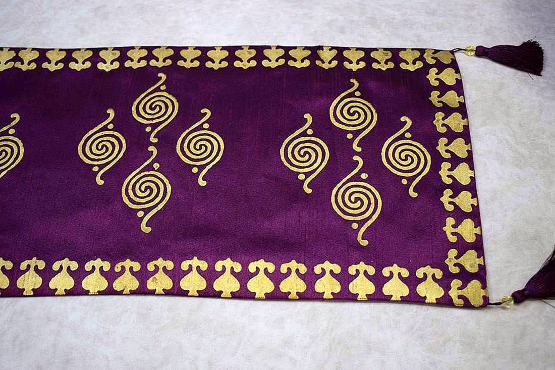 Royal Gold Hand Block Printed Premium Quality Silk Ethnic Table Runner - Wine - Image 3